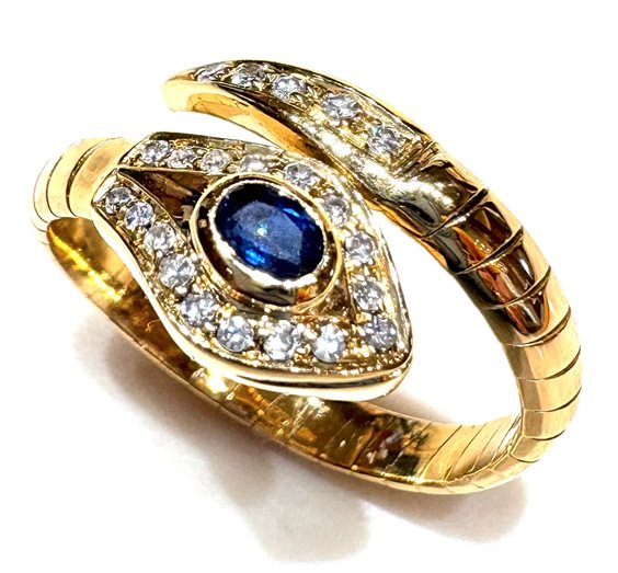 Ring Sommer Woman Anni '80 in Yellow Gold Zaffiro blu 0.30 Ct SERPE ZAF CT 0.30 DIA CT 0.12 - SERPE ZAF CT 0.30 DIA CT 0.12